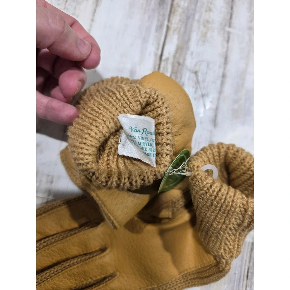 Van Raalte Gloves Tan Vinyl Acrylic Knit Gold Horsebit Detail One Size NOS